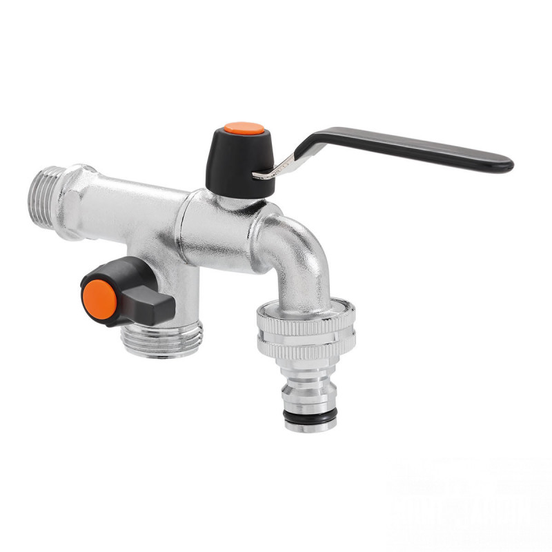 Robinet Métal Double Sortie 15-21 mm en Laiton Chromé - Claber Robinet Métal Double Sortie 15-21 mm en Laiton Chromé - Claber